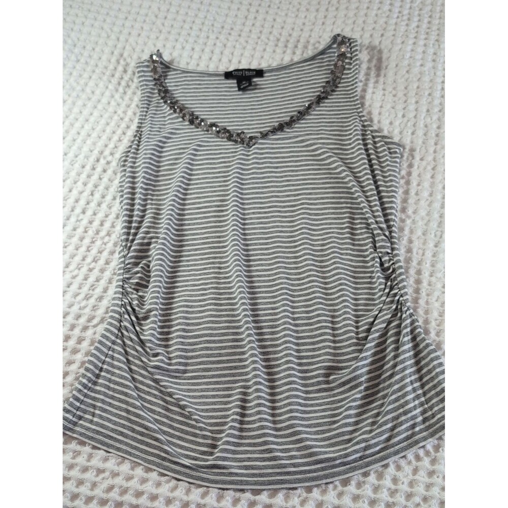 White House Black Market Gray & White Striped Beaded Shirred Scoop Tank Size M
